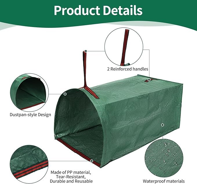 Leaf Bags, Foldable Leaf Collector with Handles, 53 Gallon Reusable Yard Waste Bags, Large Yard Dustpan Type Garden Bag for Leaves, Grass and Debris, Bonus Gardening Gloves (1 Pack, 53 Gallon)