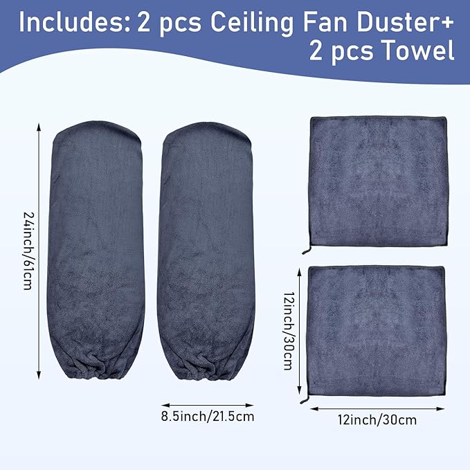 4 PCS Ceiling Fan Duster Kits,100% Microfibre Fan Blade Cleaner for high Ceiling Fan Blades.Machine Washable and Reusable,Includes 2 Ceiling Fan dusters and 2 Microfibre Towels（Grey） (Grey)