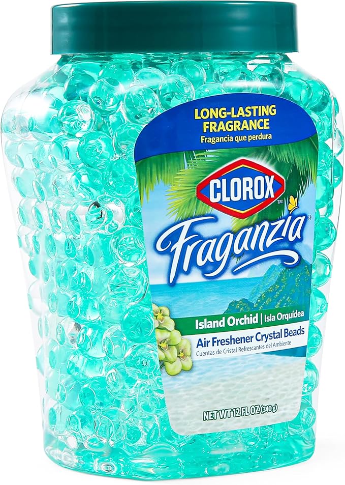 Clorox Fraganzia Crystal Beads Air Freshener Twin Pack, Long Lasting Room Deodorizer and Odor Eliminator Gel Beads for Home, Car, or Office, Island Orchid Scent, 24 Fl Oz