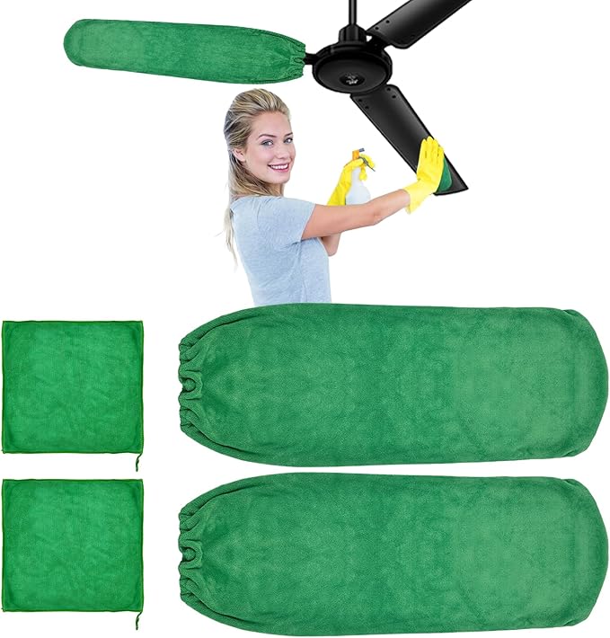4 PCS Ceiling Fan Duster Kits,100% Microfibre Fan Blade Cleaner for high Ceiling Fan Blades.Machine Washable and Reusable,Includes 2 Ceiling Fan dusters and 2 Microfibre Towels