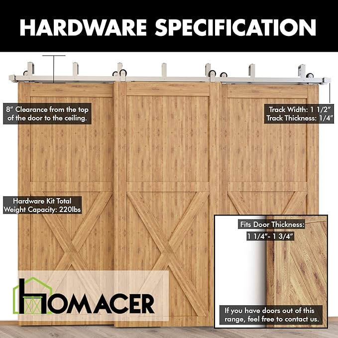 Homacer Brushed Nickel Double Track U-Shape Bypass Sliding Barn Door Hardware Kit, for Three Doors, 15ft Long Flat Track, T-Shape Design Roller