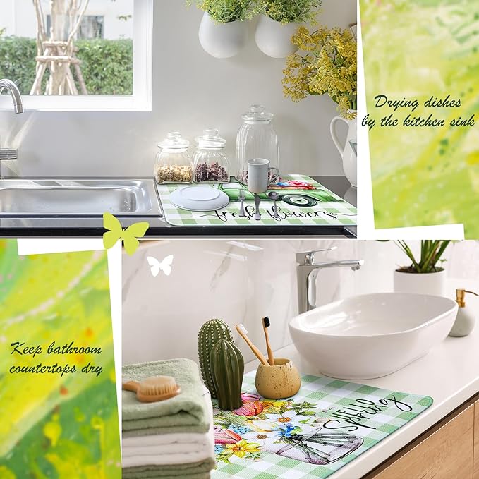 2 Pcs Dish Drying Mat for Kitchen, Spring Floral Absorbent Microfiber Dish Mat Counter 18 x 24 Inch Truck Flower Leaves Draining Green Drying Reusable Washable Pad