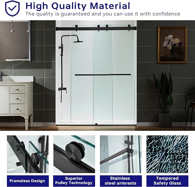 WOODBRIDGE Frameless Shower Doors 56-60" Width x 76" Height with 5/16"(8mm) Clear Tempered Glass, 2 Ways Opening & Double Sliding in Matte Black Finish