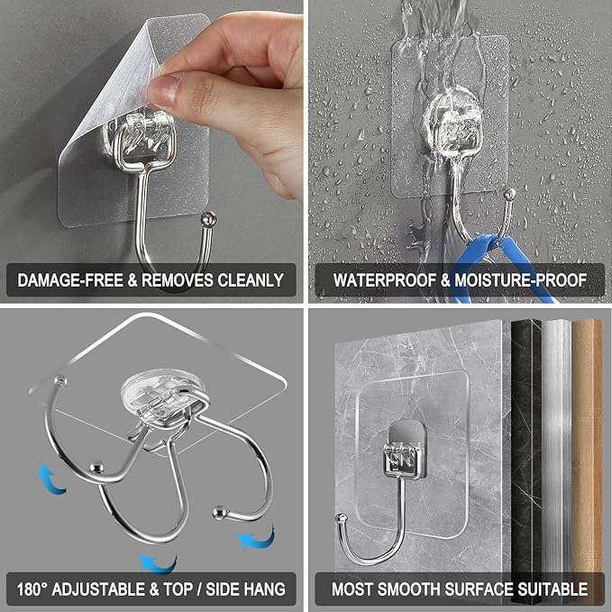15 pack Large Adhesive Wall Hooks, Damage-Free Waterproof Rustproof 33Ib Max Heavy Duty Hanging Clear Seamless Sticky Utility Hooks, Towel Coat Hangers for Home, Kitchen, Bathroom (Round Head)
