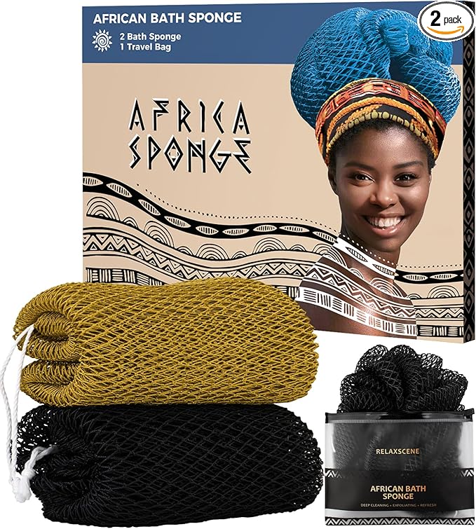 African Net Sponge Black and AntiGolden - 2 Pieces Authentic African Bath Sponges with Knots - Exfoliating Body Scrubber for Men - Back Scrub Exfoliator for Shower Bathroom Accessories