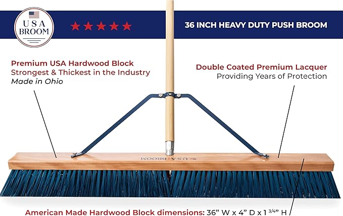 36" Heavy Duty Outdoor Push Broom with 60" Handle. Ideal for Asphalt, Concrete & Heavy Debris. Durable American Made Steel Brackets-Stainless Steel Hardware. No Plastic. 100% USA Made