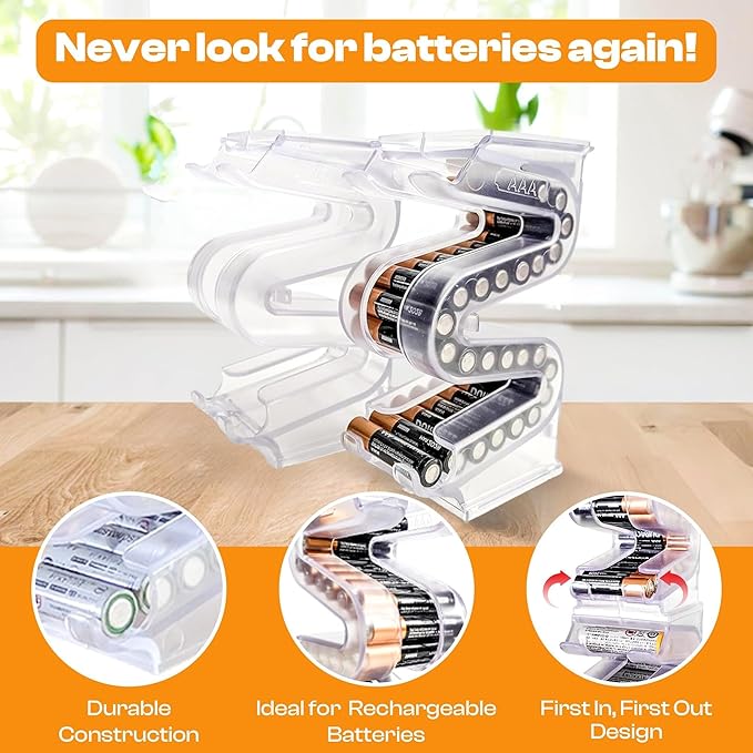 Battery Ladder Organizer Case for AAA Batteries - Stackable or Mounted Vertical Storage Battery Dispenser for Home, Garage, & Workshop (2-Pack, Holds 56 AAA Batteries Total)