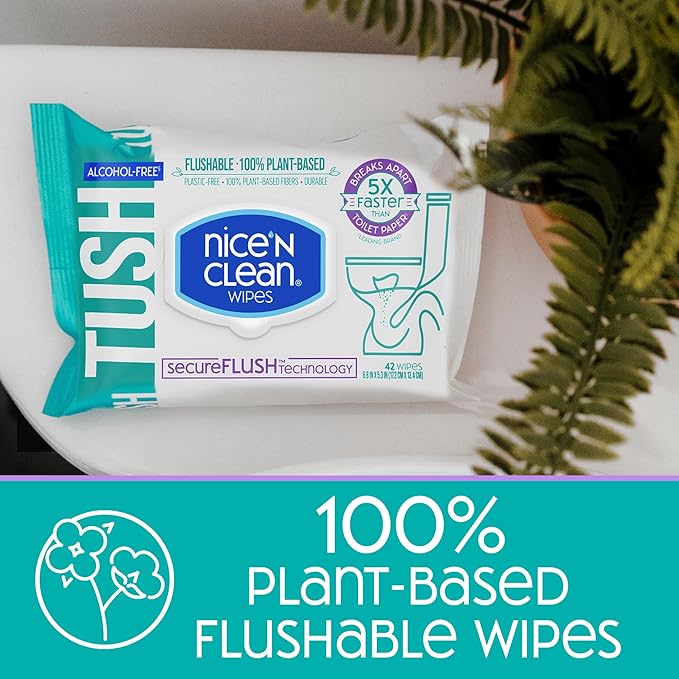 Nice 'N Clean SecureFLUSH Flushable Wet Wipes (42 Count - 6 Packs) | Moist Toilet Tissue with Moisturizing Aloe & Vitamin E | 0% Alcohol Formula for Sensitive Skin | Butt Wipes for Adults