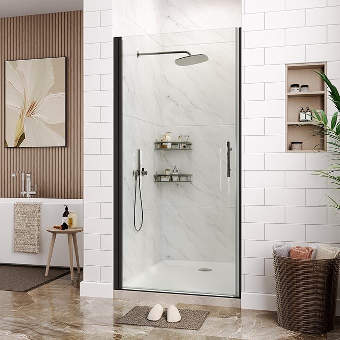 Frameless Hinged Shower Door, Adjustable 33.6"-34.6" W x 72" H Single Swing Pivot Door, 6mm (1/4") Tempered Glass with Coating, Matte Black Stainless Steel Handle, Reversible for Left/Right Installati