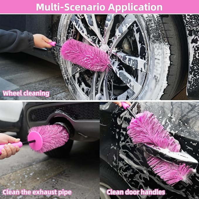Wheel Cleaning Brush Hub Clean Tool and Rim Detailing Brush with Soft Bristles,Safe On All Wheel Types,Multipurpose Use for Wheels,Rims,Exhaust Tips,Car,Motorcycles,Truck (Pink)
