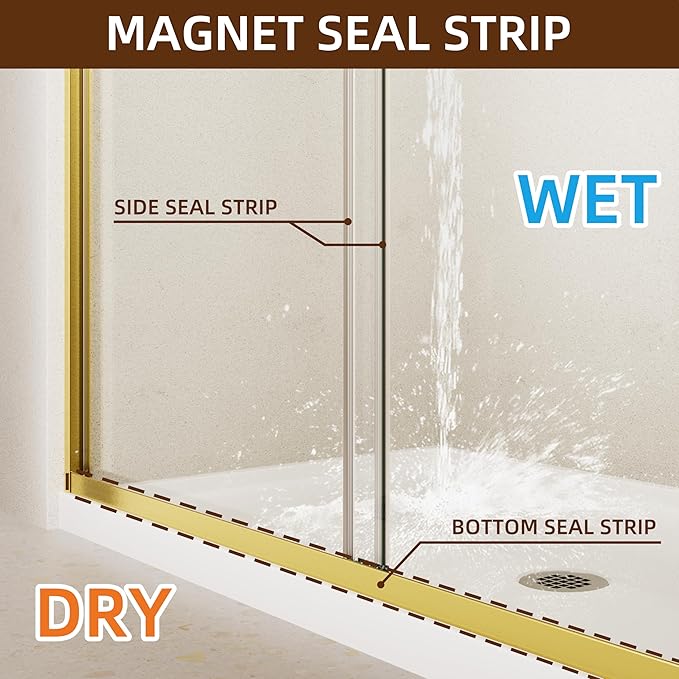 Shower Door,44-48" W x 70" H Semi-Frameless Double Sliding Glass Shower Door with 1/4'' (6mm) Clear SGCC Tempered Glass,Bypass Shower Enclosure,Brush Gold