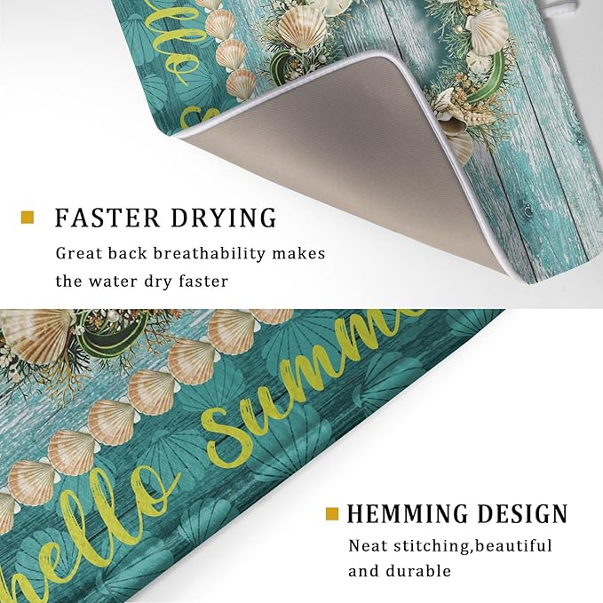 Hello Summer Dish Drying Mat for Kitchen Counter,Sea Shell Starfish Coastal Wreath Drying Mat 18 x 24 Inch with Absorbent Reversible Microfiber Drying Pad for Coffee Bar