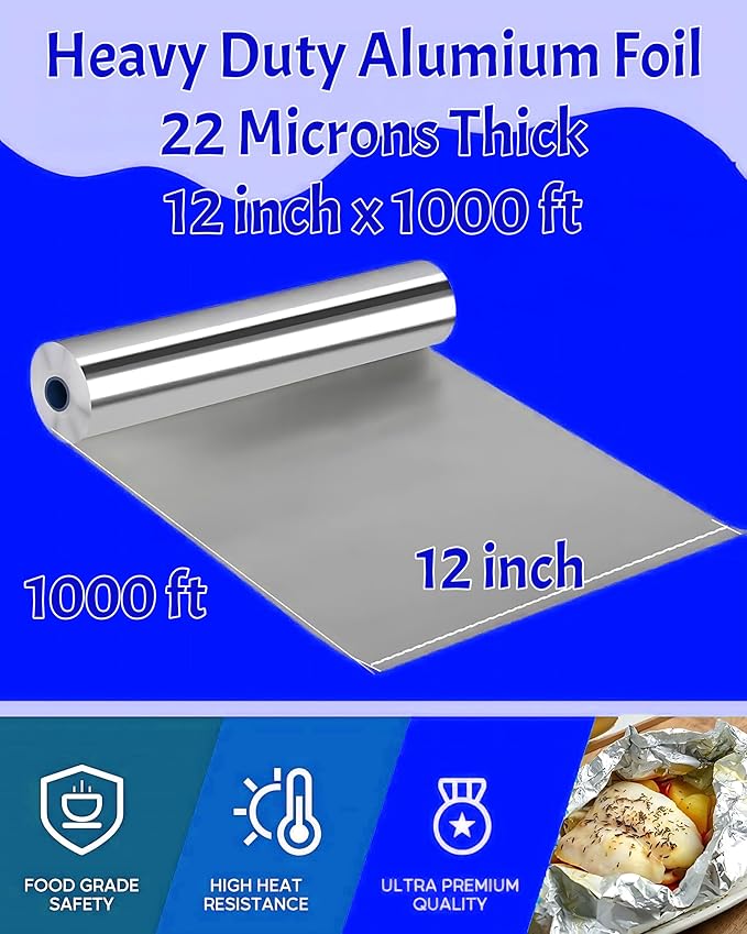 Aluminum Foil Wrap Roll 12 in x 1000 ft Heavy Duty Commercial and Home Use for Food, BBQ, Grilling, Cooking, Baking, Roasting, Party (12 in x 1000 ft, 1 Pack)