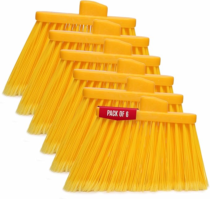 KLEEN HANDLER Angle Broom Head with Flagged Stiff Bristles for Indoor/Outdoor Floor Cleaning/Sweeping, 6 Pc - Yellow