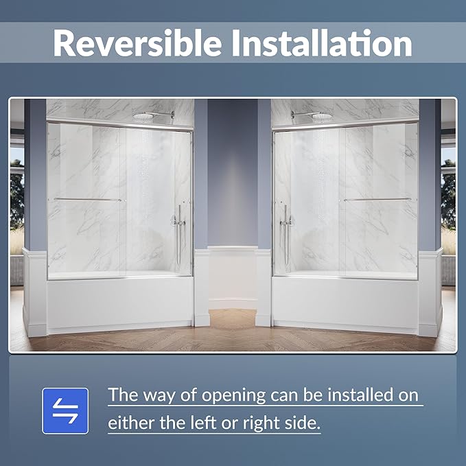 SUNNY SHOWER Bathtub Shower Door 60" W x 62" H Semi-Frameless Double Sliding Design Shower Tub Door 1/4" Clear Glass Panel, Chrome Finish