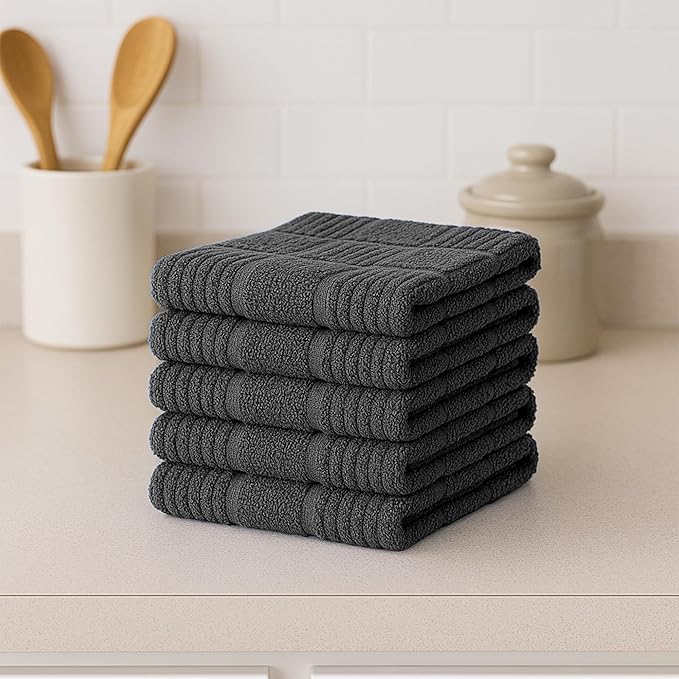 DecorRack 10 Pack 100% Cotton Kitchen Towels, 12x12 inch Soft Terry Dishcloths, Absorbent Hand Towels for Cleaning, Drying & Dishes, Plaid Pattern Cleaning Rags, Gray (Pack of 10)