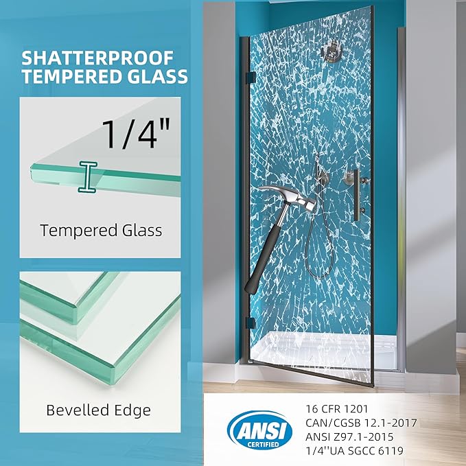 GETPRO Frameless Shower Door Pivot 34 in.W x 72 in.H Swing Single Small Shower Door with 1/4 in. Tempered Clear Glass Panel Adjustable Left Hinged Bathroom Door for Shower Matte Black Hardwares