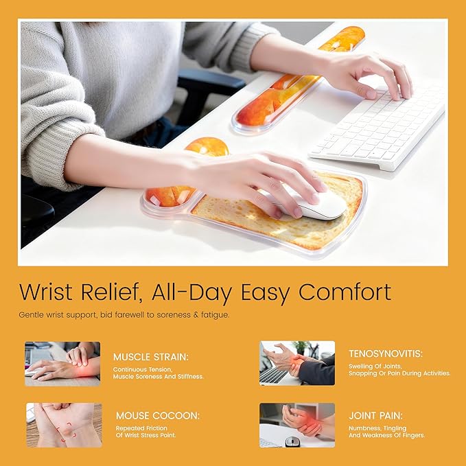 Ospelelf Mouse Pad with Wrist Rest and Ergonomic Gel Keyboard Hand Wrist, Support for Typing Gaming, Relieve Wrist Pain, Cool & Easy to Clean, for Office, Programmer, Home Computer Use, Butter Bread