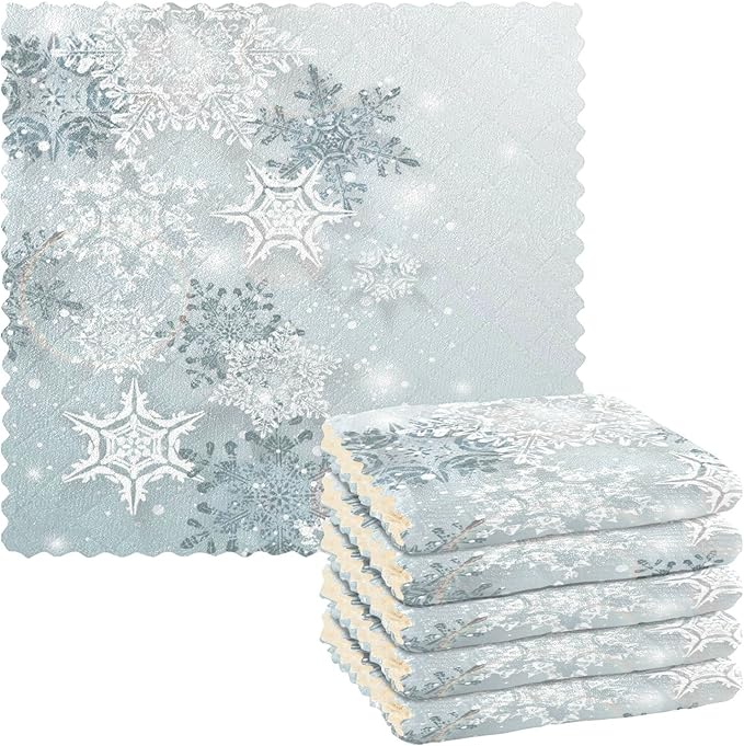 ALAZA Dish Towels Kitchen Cleaning Cloths Silver Snowflakes Winter Christmas Dish Cloths Absorbent Kitchen Towels Lint Free Bar Tea Soft Towel Kitchen Accessories Set of 6,11"x11"