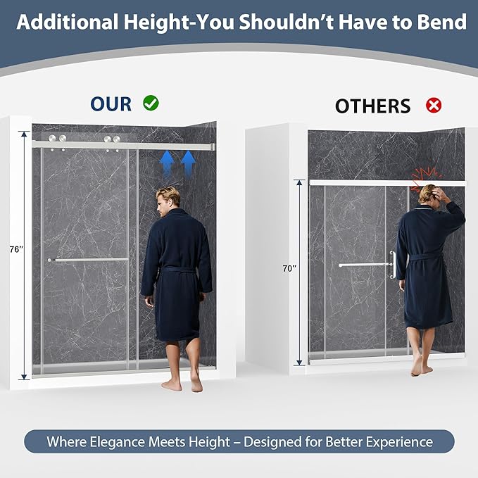 Frameless Double Sliding Shower Doors, 55-60" W x 76" H Shower Glass Door, 1/4" (6mm) Thick ANSI Certified Tempered Glass with Explosion-Proof Film and Nano Coating, Brushed Nickle