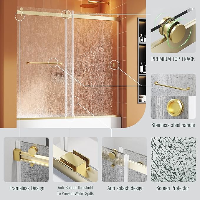 Bathtub Sliding Door 60" W x 56" H, Tub Shower Door, Frameless Bypass Double Sliding Door Tempered Rain Glass with Explosion-Proof Film Brushed Gold