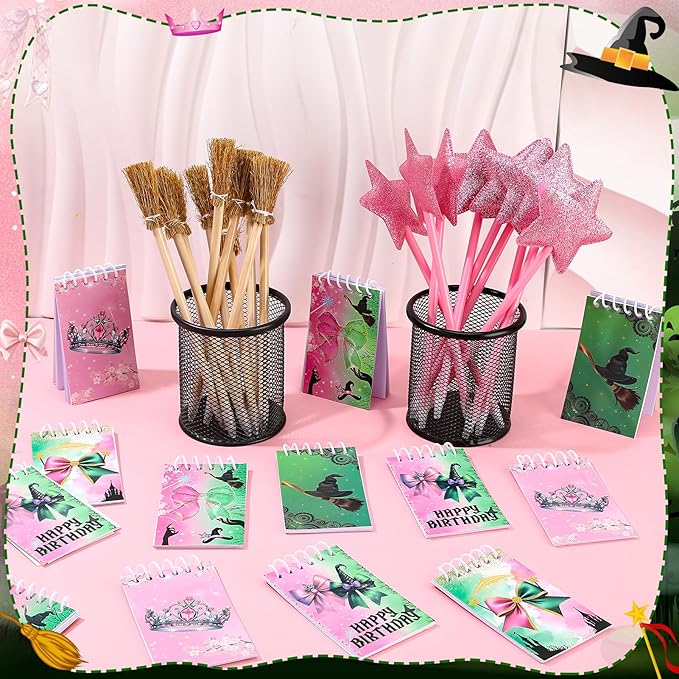 40 Pcs Princess and Witch Party Favors Include 10 Witch Broom Pencils 10 Pink Star Ballpoints 20 Mini Notebooks for Wizard Birthday Witch Halloween Party Supplies