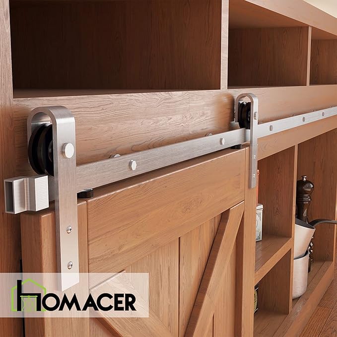 Homacer Mini Brushed Nickel Non-Bypass Sliding Barn Door Hardware Kit, for One/Single Door, 102-inch Long Flat Track, Classic Design Roller, Cabinet TV Stand Console Use…