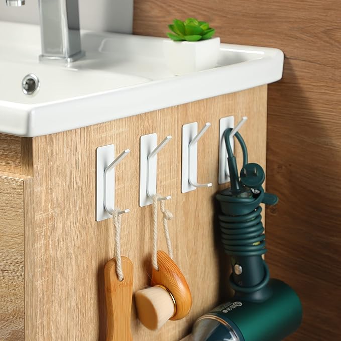 Taozun Adhesive Hooks - White Wall Hooks, Stainless Steel Towel Hangers/Holders Stick on Bathroom and Kitchen, 4 Packs