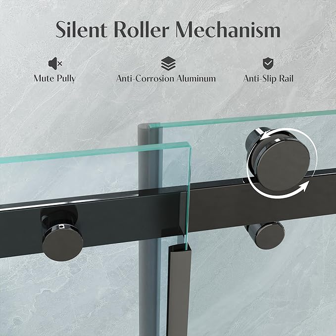 Frameless Sliding Shower Door 44-48" W x 72" H, 5/16" (8mm) Heavy Duty Tempered Glass, Matte Black Finish, Single Sliding Walk-in Shower Glass Door, Reversible Installation, Smooth & Quiet Gliding