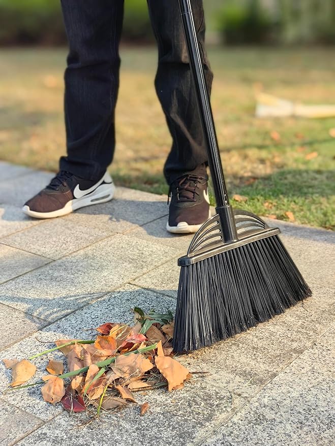 Four-Section Rod Long-Handled Broom,Heavy-Duty Broom, Angle Broom for Outdoor/Indoor（Black+Orange）