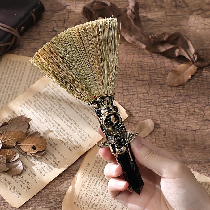Witch Crystal Altar Broom - Witchcraft Supplies Wiccan Decor Dragon Altar Supplies with Black Obsidian Natural Healing Crystals Reiki Energy Emotional Regulation Wealth Attraction Crafts