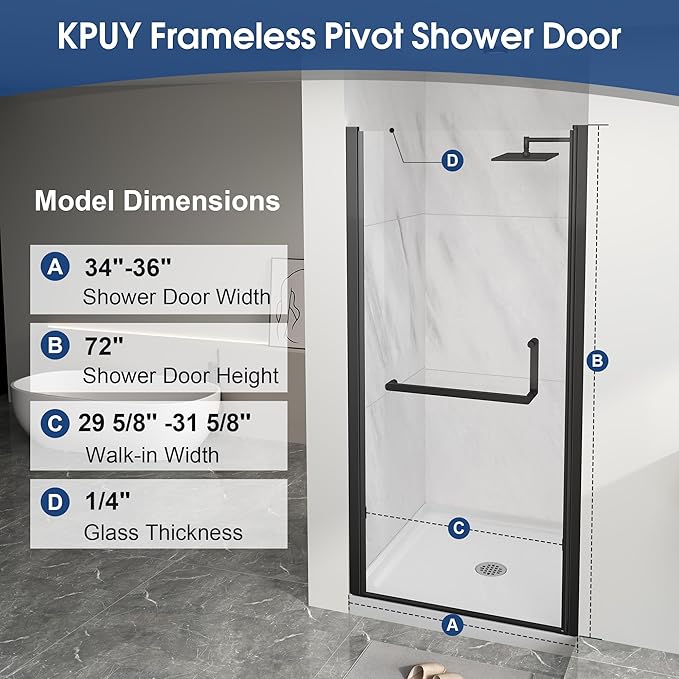 KPUY Pivot Shower Door, 34-36" W x 72" H Frameless Single Swing Glass Shower Door with Explosion-Proof Film Nano Coating, 1/4" (6mm) Thick Tempered Clear Glass, Matte Black