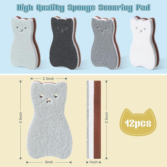 12 Pcs Cat Kitchen Sponges for Dishes Double Sided Cleaning Dish Scrub Sponge Bulk Reusable Non Scratch Scrubbers for House Cleaning Dishwashing(Cat,Grey,White,Blue,Black)