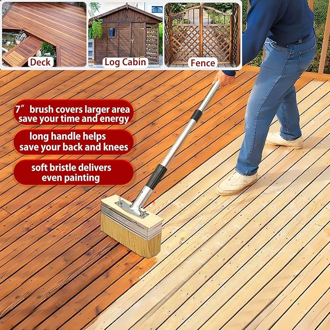 Deck Stain Brush with Long Handle 7 Inch Deck Stain Applicator with 59IN Extension Pole Paint Brushes for Wood 4" 5" Deck Brush for Walls Quick Decking Fence Furniture