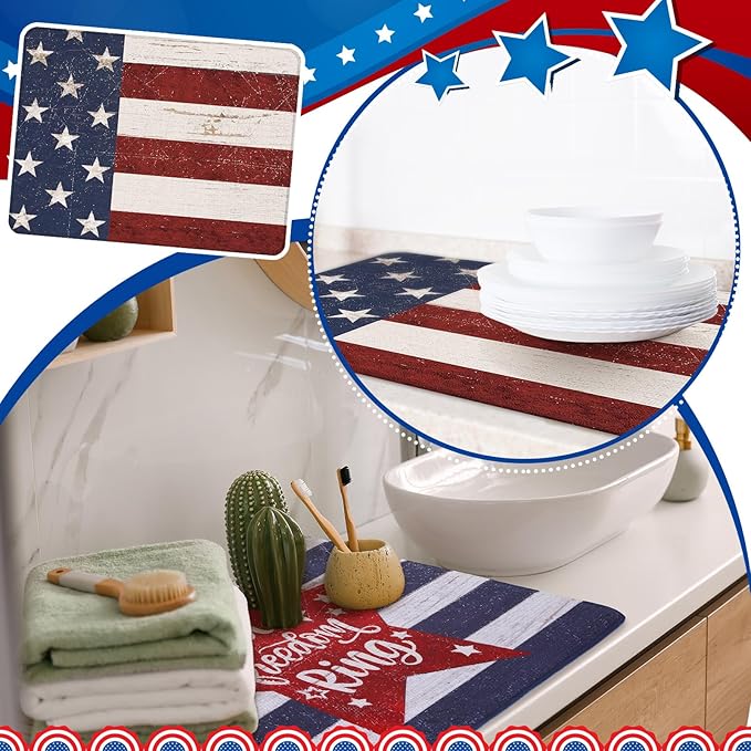 2 Pcs Memorial Day Dish Drying Mat for Kitchen 18 x 24 Inch 4th of July 250th Anniversary USA Patriotic Red White Blue Independence Day Star Microfiber Drainer Mat for Countertop