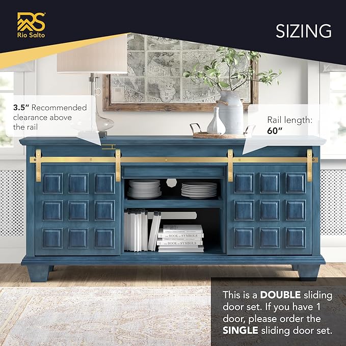 Rio Salto Mini Barn Door Hardware Kit Gold Double Cabinet Sliding Barn Door Track Set Small Hardware Set TV Stands Wardrobe Gold 5FT Track Kit NO Cabinet