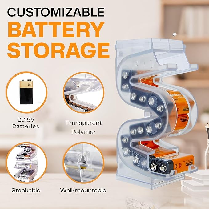 Battery Ladder Organizer Case for 9V Batteries - Stackable or Mounted Vertical Storage Battery Dispenser for Home, Garage, & Workshop (1-Pack, Holds 10 9V Batteries)