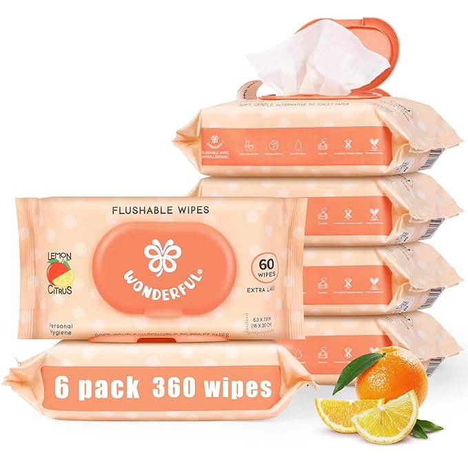 WONDERFUL Flushable Wipes, Lemon Citrus 100% Plant-Based Wet Butt Wipe for Adults & Kids, Sewer Septic Safe, Gentle for Sensitive Skin, Wipes Flushable Pack for Bathroom & Travel, 6-Pack (360 Counts)