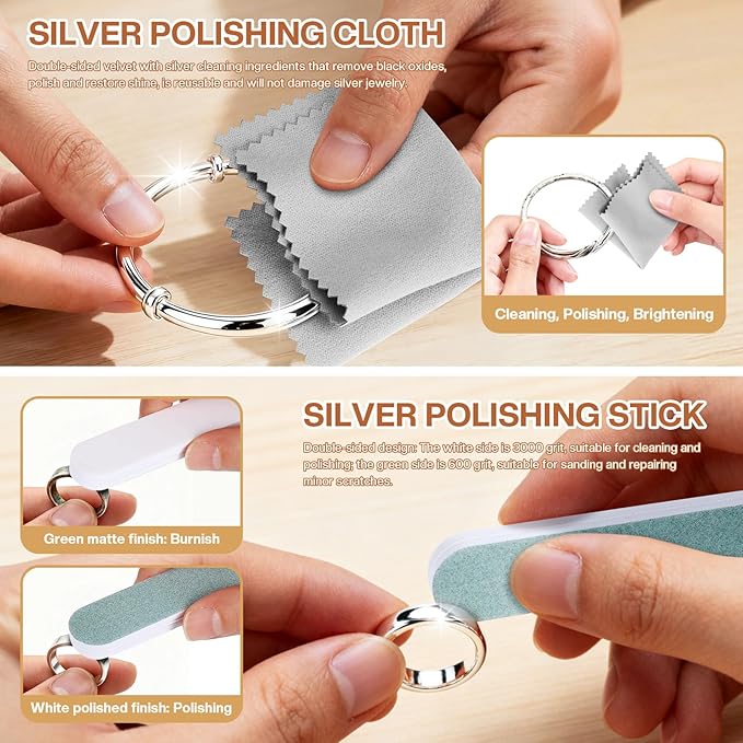 4 Pcs Horsehair Silver Cleaning Brushes Dauber Sterling Detail Polish Brush Applicator Set with Polishing Cloth for Silverware Plateware Jewelry Cleaner(Style B)