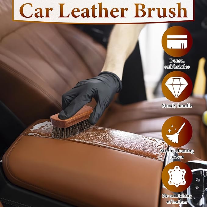 5 PCS Leather Brush Car Detailing, Horsehair Brush Shine Kit, Car Cleaning Supplies, Horse Hair Brush, Leather Brushes for Car Interior Seat, Carpet, Upholstery, Furniture and Shoes