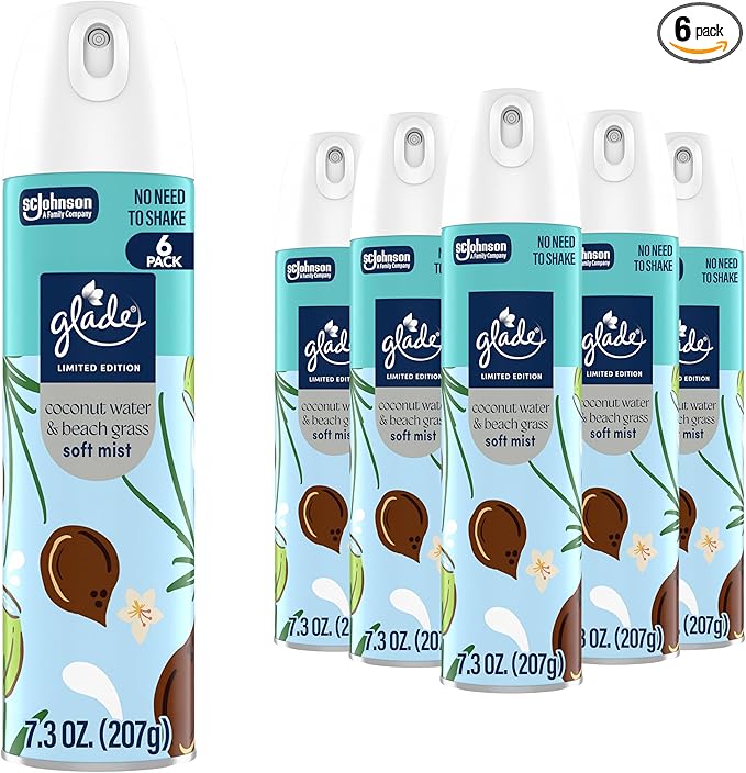 Glade Odor Fighting Soft Mist Air Freshener Room Spray, Coconut Water & Beach Grass, 7.3 oz., 6 count