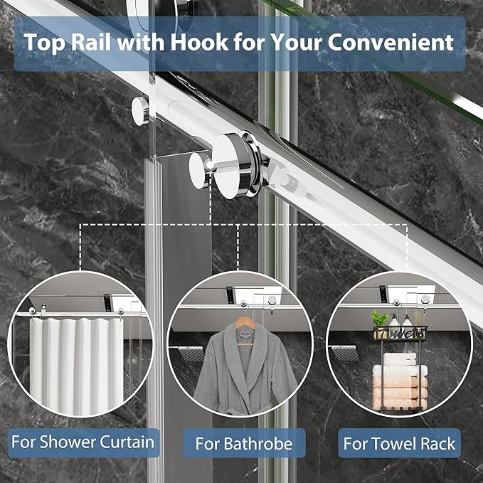 KPUY Frameless Shower Door, 55-60" W x 76" H Sliding Glass Shower Door, 1/4" (6mm) Thick Tempered Clear Glass with Explosion-Proof Film Nano Coating, Stainless Steel Hardware, Chrome
