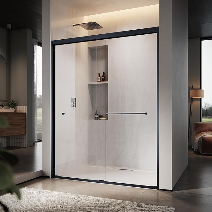 60" W x 76" H Double Sliding Frame Shower Door with 5/16" Clear Tempered Glass,Stainless Steel Roller Brackets,Waterproof Threshold Track,Easy-Cleaning Coating & Towel Bar/Knob, Matte Black