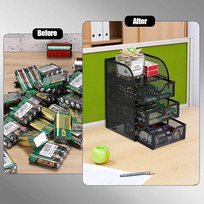 BTSKY Metal Mesh Battery Storage Organizer for AA, AAA, 9V, C Batteries, 3-Drawer Storage Box Battery Holder Organizer for Common Types Batteries, Household Container (Batteries Not Included)