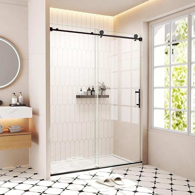 Frameless Sliding Shower Door 56–60 in W x 76 in H, 10mm Clear Tempered Glass Shower Doors Glass Sliding 60 Inches, Single Nano Coating, Stainless Steel Hardware, Silent Smooth Rollers, Matte Black