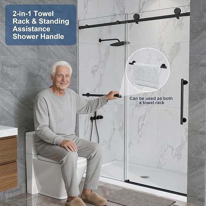 Frameless Shower Door,5/16" (8mm) Glass Sliding Shower Door with Soft-Close & Anti-Leak,Nano Coating Anti-Explosion Film SGCC Tempered Glass 55"- 60" W x 76" H,Matte Black