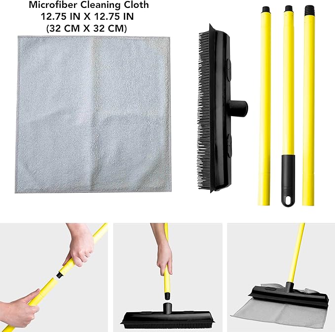 FURemover Sweep Pet Hair Rubber Broom with Squeegee and Attachable Microfiber Cloth and 47” Handle for Tile, Carpet and Hardwood