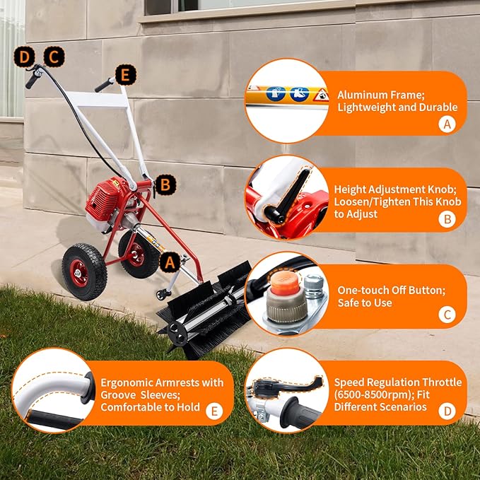 43cc 2-Stroke 1.7hp Portable Gas Power Held Sweeper Broom, 1250w Cleaning Driveway Turf Grass Walk Behind Hand Lawn Sweeper Carpet Sweeper Yard Sweeper Park Garden Cleanning Machine