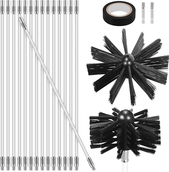 Chimney Sweep Pro Kit, 30ft Interlocking Rods with 6” Dual Brush Heads, Efficient Dryer Vent and Air Duct Cleaner, Reusable Fireplace Maintenance System