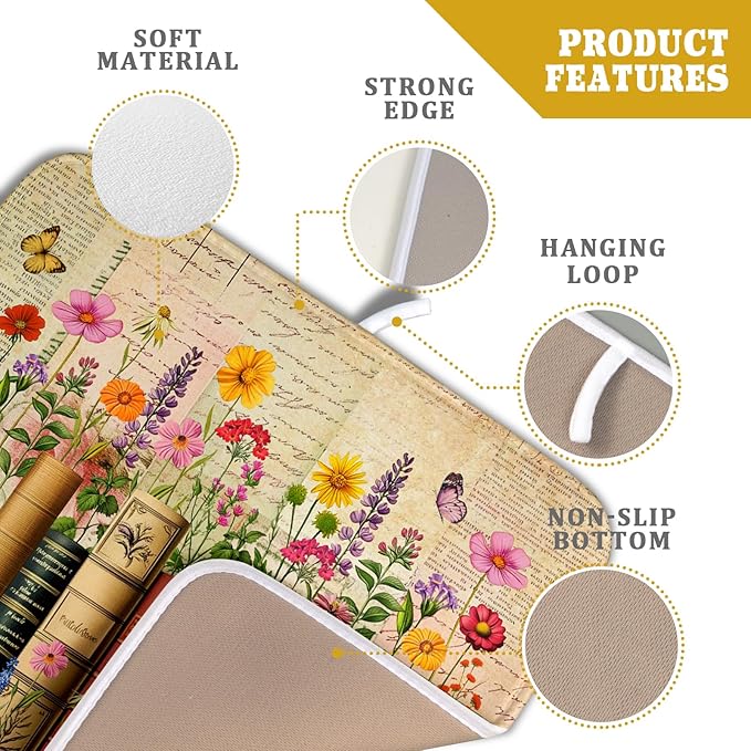 Colorful Books Kitchen Drying Mat - Watercolor Floral Drying Matt Kitchen Counter 16 X 18 In